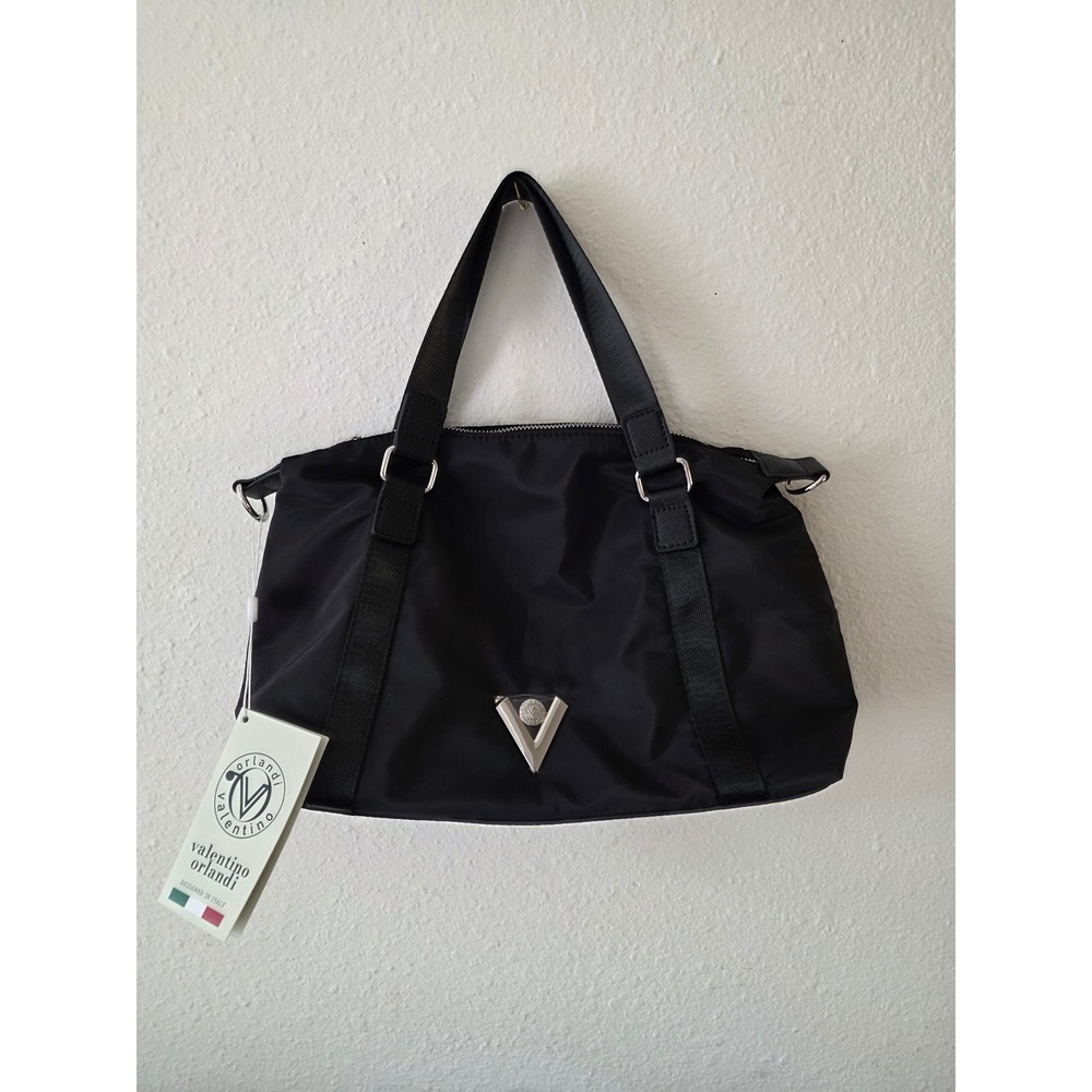 Valentino Orlandi Black Nylon Satchel Crossbody Bag Silver Hardware NWT